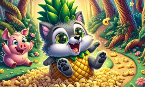 Um pequeno lobo chamado Lobo Ligeiro, com pelagem cinza brilhante e olhos amarelos cintilantes de travessura, está no centro da cena, rindo alto enquanto se transforma em um abacaxi engraçado, com folhas verdes saindo de sua cabeça. À sua direita, um travesso porquinho rosa, chamado Curioso, com olhos redondos e curiosos, observa a cena com um sorriso divertido, suas pequenas patas levantadas como se estivesse pronto para pular de alegria. O cenário é uma floresta encantada, cheia de cores vibrantes, com árvores de troncos tortos e flores de pétalas cintilantes, banhadas por uma suave luz dourada que filtra através da folhagem. A situação principal mostra Lobo Ligeiro, transformado em abacaxi, rolando alegremente por um caminho de macarrão, enquanto Curioso ri, cercado por risadas de outros animais da floresta que observam a cena com admiração.