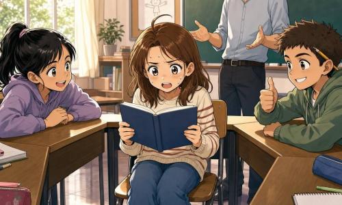 Una niña de 12 años, Lara, rostro redondo, cabello castaño medio con un mechón rebelde, ojos grandes y brillantes, expresión temblorosa pero resuelta; está sentada en una silla en el centro de una U de mesas, sosteniendo un libro abierto con los dedos algo tensos y leyendo en voz alta. A la izquierda, en primera fila, Inés, también de 12 años, con coleta negra, sonrisa traviesa y ojos vivaces, se inclina hacia Lara para darle ánimo. A la derecha, Saúl, 12 años, pelo corto y un lápiz detrás de la oreja, apoya el pulgar en alto con mirada alentadora. El profesor Mario, treintañero con barba ligera y camisa sencilla, está de pie junto a la pizarra, manos abiertas y mirada benigna. La clase es luminosa en forma de U, mesas y sillas de madera clara, pizarra con una hoja pegada y una gran ventana que deja entrar luz blanca suave; la escena es cálida e íntima, los compañeros escuchan en silencio respetuoso y el estilo recuerda rasgos de manga expresivos (ligera sudoración, destellos en los ojos, fondo difuminado para centrar la atención).