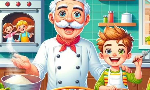 Un chef de cocina alegre, un hombre de unos cincuenta años con un gran bigote blanco y un alto sombrero de chef, sonríe entusiasmado mientras muestra una pizza colorida. Lleva una chaqueta de cocina blanca y un delantal rojo, con los ojos brillando de felicidad. A su lado, Lucas, un niño de siete años con el cabello castaño desordenado, está espolvoreando harina sobre una mesa de madera. Tiene una gran sonrisa en su rostro, con las mejillas sonrojadas por la emoción. La escena se desarrolla en una cocina luminosa y acogedora, llena de utensilios de cocina coloridos, verduras frescas en la encimera y un horno al fondo, donde una deliciosa pizza se está cocinando. Los niños bailan alegremente alrededor de la mesa, riendo y cantando, mientras esperan ansiosos que sus creaciones culinarias estén listas para ser degustadas.