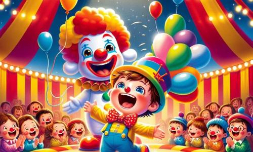 Een jongetje van 3 jaar, Sam, met rommelig bruin haar en sprankelende ogen van blijdschap, draagt een grote kleurrijke clownskap. Hij springt van blijdschap met een grote glimlach op zijn gezicht, terwijl hij een ballonnenhond in zijn hand houdt. Naast hem staat Bobo, een vrolijke clown van ongeveer 30 jaar, met een wit geschilderd gezicht, een stralende rode neus en een enorme paar kleurrijke schoenen. Bobo maakt een komische bek, wat Sam nog meer aan het lachen maakt. De scène speelt zich af in een grote circustent, versierd met rode en gele strepen, met fonkelende lichten die de ruimte verlichten. Verwonderde toeschouwers staan om hen heen, applaudisserend en lachend, terwijl ballonnen in de lucht zweven. De hoofdactie toont Sam en Bobo die op een groot zacht kussen springen, omringd door lachen en applaus, wat de vrolijke en magische geest van het circus vastlegt.
