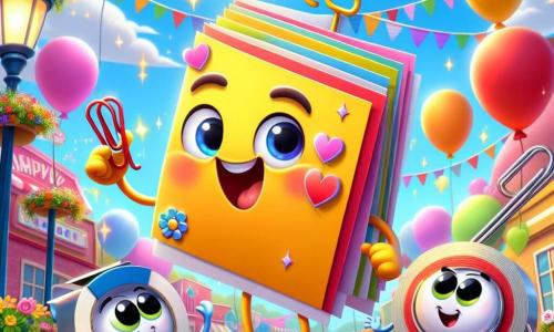Cardy, a cheerful and colorful greeting card character, is at the center of the image with shiny corners and a big smile expressing his joy and excitement. He holds a stack of Mother's Day cards in his hands, surrounded by sparkling glitter floating around him. Next to him, Clippy, a small metal paperclip, is chasing a rolling marker with wide eyes and a determined look. Further away, Sticky, a smiling roll of tape, is helping to stick decorations on the cards, his arms outstretched with enthusiasm. The scene takes place in a charming square of Bubblyville, filled with colorful flowers, floating balloons, and festive garlands hanging from the trees. The sun shines in a bright blue sky, creating a joyful and festive atmosphere. The main situation shows Cardy and his friends preparing for Mother's Day, surrounded by colorful cards and laughter as they get ready to distribute their creations to the village moms, filling the air with happiness and gratitude.