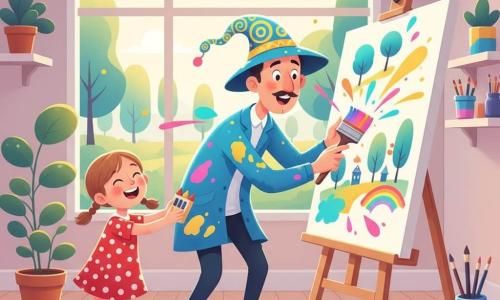 A smiling man called Mr. Color, wearing a wide soft hat painted with yellow and blue swirls, a thin mustache and a blue paint-stained jacket, leans toward a large blank canvas with a big colorful brush while a laughing 6-year-old girl with brown pigtails and a red polka-dot dress offers him a box of crayons; no other children are present. They paint a joyful canvas together in a small bright studio with a large window overlooking a park, potted plants and jars of paint, turquoise, pink and yellow splatters around them, warm sunlight enhancing a gentle, creative, lively atmosphere.