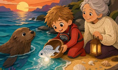A joyful, wide-eyed 6-year-old boy with tousled light brown hair, wearing a small red wetsuit and fabric mask, gently holds a wooden bowl containing a small silvery messenger fish with luminous scales and a glowing pearl under its fin; his grandmother, about 60, with a kind, lined face and gray hair in a bun, kneels behind him on the sand in a cream wool sweater, holding a small wooden lantern and watching proudly; a friendly older brown seal floats at the wave edge to the left, seeming to guide and protect them; at dusk on a golden sandy beach with smooth rocks, green seaweed, translucent turquoise shallow water revealing colorful corals, an orange-purple sky and scattered driftwood and shells, they release the fish back to the sea, the pearl ready to be returned to the depths, in a soft, luminous, comforting scene with simple composition, bold color contrasts and paper-like textures.
