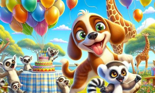 A mischievous dog named Benny, with brown fur and white spots, stands joyfully at the center of the scene, his tail wagging and his eyes sparkling with mischief. Next to him, a small lemur named Lily, with big round eyes and striped fur, dances around colorful balloons, her bright smile lighting up her face. In the background, a majestic giraffe named George, with his long neck and golden spots, watches the scene with an amused expression, ready to look after his friends. The setting is a green field dotted with vibrant flowers under a clear blue sky, with a large tree in the center, decorated with floating balloons. The main situation shows Benny and his friends preparing a surprise party for the old turtle Terry, with a colorful cake on a checkered tablecloth, as the sun begins to rise, illuminating their joyful celebration.