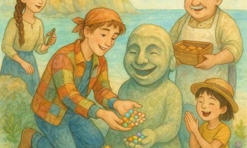 A smiling, focused young man with light brown hair in a bandana and a colorful patchwork jacket kneels on pale blue sand, pouring small luminous multicolored pebbles into the hollow hand of a large laughing stone statue; slightly behind him to the left on a rock stands a young woman with a long braided lock holding a compass and watching admiringly; to the right near the shore a round older man in a stained apron and chef's hat gently laughs while holding an open cookie tin; a lively girl with short hair and a woven hat jumps and applauds near small marine creatures beside the young man; around them tiny shell-creatures with miniature hats emerge from ferns, offering pearls and singing in a circle around the statue; the intimate bay has blue-green glowing sand, feather-like seaweed, flowers that seem to applaud, cliffs carpeted in golden moss and water sparkling like glitter, all rendered in soft luminous watercolor; the main moment is warm and heroic as the young captain carefully returns the bright pebbles to the statue's hand, lighting the bay and causing plants and creatures to smile, joyful magical mood, centered composition in a palette of blues, greens and touches of gold.