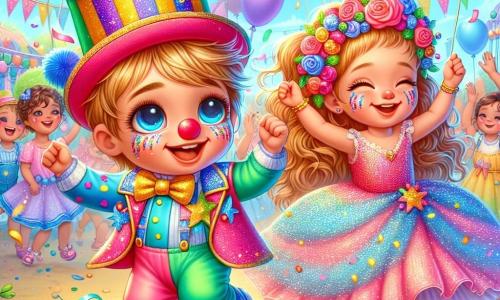 Een jongetje van 2 jaar, Tim, staat in het midden van de afbeelding. Hij heeft grote, glanzende ogen en een brede glimlach, gekleed in een kleurrijk clownspak met sterren en glitters. Hij danst vrolijk met zijn armen omhoog, omringd door vallende confetti. Aan zijn rechterkant staat een meisje van 4 jaar in een prachtige roze glitterjurk, die lachend met hem danst. Ze heeft lange, krullende haren en houdt een grote papieren ster vast. De achtergrond is een kleurrijk park met ballonnen die in de blauwe lucht zweven, bloemenlianen aan de bomen, en mensen die dansen en lachen op de achtergrond. Tim en het meisje dansen samen in de feestelijke sfeer van het carnaval, omringd door vrienden die zich bij hen voegen om te vieren en plezier te maken.