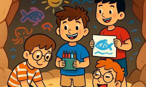 Hay 4 niños: - Mario: Un niño de 10 años, con cabello castaño desordenado y ojos llenos de curiosidad. Lleva una camiseta azul y un short beige, y sostiene una caja de crayones. Está en el centro, sonriendo, rodeado de sus amigos. - Tomás: Un niño de 11 años, con gafas redondas y cabello castaño. Lleva una camisa a rayas y un short verde. Está a la izquierda de Mario, dibujando en el suelo con una tiza. - Lucas: Un niño de 10 años, alto y delgado, con cabello negro y pecas. Lleva una camiseta roja y un short azul. Está a la derecha de Mario, mostrando un dibujo de un pez a sus amigos. - Adrián: Un niño de 9 años, pequeño y animado, con cabello rojo y gafas. Lleva una camiseta amarilla y un short naranja. Está sentado en el suelo, frente a Mario, riendo y sosteniendo una concha en sus manos. La escena principal ocurre en una pequeña cueva secreta, oculta detrás de rocas. Las paredes de la cueva están cubiertas de dibujos coloridos hechos con tiza, representando animales marinos, soles sonrientes y olas. La luz del sol se filtra a través de una grieta, creando un juego de sombras y luces en el suelo de arena. Los niños están dibujando juntos en la cueva, riendo y compartiendo ideas para crear obras de arte coloridas, rodeados de sus creaciones y con sonrisas radiantes, capturando el espíritu alegre del verano y la amistad.