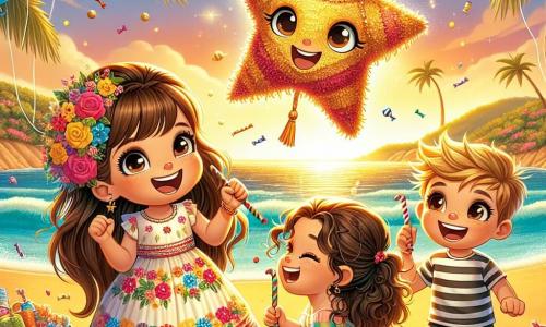 Una niña de 8 años, Valentina, con largos cabellos castaños y ojos brillantes de alegría, lleva un vestido colorido adornado con flores. Está sentada en la arena dorada de la playa, rodeada de sus amigos, con una gran sonrisa iluminando su rostro mientras mira una piñata en forma de estrella brillante. A su lado, Leo, un niño de 7 años con cabello rubio alborotado y una camiseta a rayas, ríe levantando los brazos, listo para golpear la piñata. Un poco más lejos, Sofía, una niña de 6 años con cabello rizado y vestido rosa, recoge dulces que caen del cielo, su rostro radiante de emoción. El escenario es una playa soleada, con palmeras danzantes y un océano brillante bajo el sol poniente, creando una atmósfera mágica y festiva. La escena principal muestra a Valentina y sus amigos en plena fiesta de cumpleaños, riendo y divirtiéndose mientras se preparan para romper la piñata, rodeados de globos coloridos y golosinas esparcidas sobre la arena.