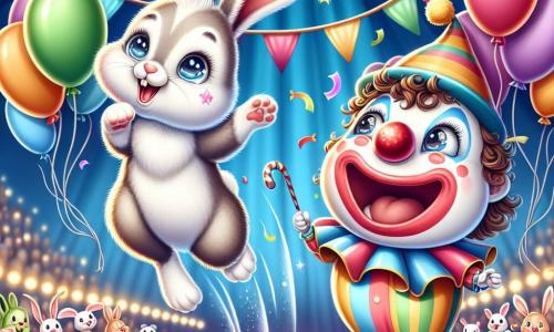 Un pequeño conejo de grandes orejas, con un pelaje suave y sedoso, está en pleno salto, con los ojos brillantes de emoción y una gran sonrisa en su rostro. Está rodeado de globos coloridos que flotan a su alrededor mientras realiza una pirueta en el aire. Junto a él, un alegre payaso con nariz roja y cabello rizado, vestido con un traje multicolor, ríe a carcajadas lanzando confeti, con los ojos chispeantes de picardía. Se encuentra al borde del escenario, listo para animar al conejo. La escena transcurre bajo una gran carpa de circo, con luces brillantes y banderines coloridos que flotan en el aire. El suelo está cubierto de paja y alfombras a rayas, y el público, compuesto por animales de todo tipo, aplaude con entusiasmo. El pequeño conejo se lanza al aire, realizando un salto espectacular, mientras el payaso lo anima con gestos exagerados, creando una atmósfera de alegría y magia en el circo.