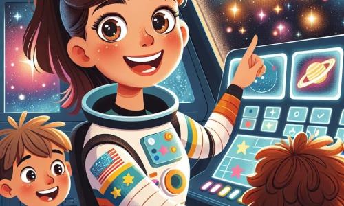 Uma mulher piloto espacial, Ana, está no centro da imagem, com um grande sorriso no rosto. Ela tem cabelos castanhos presos em um rabo de cavalo e veste um traje espacial colorido, adornado com patches de estrelas. Ana está mostrando às crianças como usar os comandos da nave espacial, com os olhos brilhando de excitação. Ao lado dela, uma menina chamada Lua, de 7 anos, tem grandes olhos curiosos e cabelos cacheados. Ela aponta para uma janela, maravilhada com a vista das estrelas cintilantes. Um garoto chamado Pedro, de 8 anos, está logo atrás dela, com um sorriso largo e cabelos loiros bagunçados, segurando um pequeno modelo de nave espacial. A cena acontece dentro de uma nave espacial moderna, com painéis de controle iluminados e telas exibindo imagens de planetas coloridos. Através das janelas, pode-se ver um céu estrelado repleto de galáxias brilhantes e nebulosas coloridas. A situação principal mostra Ana explicando às crianças como pilotar a nave, enquanto flutuam alegremente na ingravidez, cercados pela magia do cosmos.