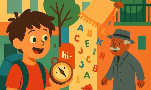 Un băiat de 10 ani, entuziast și curios, ține o mică busolă din lemn zâmbitoare care scoate hi-hi, poartă un rucsac prea mare, păr șaten zburlit, ochi rotunzi și expresie de uimire; un bărbat în vârstă, domnul Vasile, cu mustață și palton gri, merge spre dreapta cu câinele său Biluț — mic, rotund, cu o pălărie roșie aprinsă și limba scoasă —; o femeie de circa 50 de ani, mătușa, pe un balcon sus dreapta scutură un covor bej de pe care prafuri se transformă în litere colorate care cad ca ploaia; locație: alee între blocuri pastelate, trotuar pavat, un copac cu frunze verzi și o mică brutărie în fundal cu vitrină aburindă; scenă principală: busola se învârte și indică înspre alee, băiatul râde, bărbatul și câinele se apropie, literele colorate cad; compoziție clară, forme simple, contraste vii, paletă caldă (ocru, roșu, verde), stil grafic plat și jucăuș.