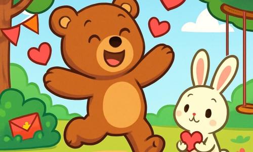 Een vrolijke teddybeer, genaamd Bram, met een zachte bruine vacht en sprankelende ogen, springt blij in een zonnig park, omringd door zwevende roze en rode harten. Naast hem kijkt een klein wit konijntje genaamd Kiki, met grote oren en een verlegen glimlach, nieuwsgierig toe terwijl het een klein papieren hart vasthoudt. Het park is gevuld met kleurrijke bloemen, grote groene bomen en decoratieve slingers die aan de takken hangen. Bram en Kiki bereiden een schattenjacht voor Valentijnsdag voor, waarbij ze lekkernijen en verrassingskaarten verstoppen onder de struiken en bij de schommels, vol opwinding en vriendschap.