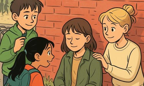 Vier kinderen, allemaal 12 jaar: Lotte, meisje met halflang kastanjebruin haar, te groot kaki jasje, handen in zakken, tegen een rode bakstenen muur gezeten, verlegen maar opgelucht; Aïsha, donkerharig in paardenstaart, rugzak met rinkelende metalen sleutelhangers, links van Lotte, hand naar haar uitgestrekt en glimlachend; Noor, blond haar in slordige knot, zachte blik, rechts van Lotte, hand op Lottes schouder, eenvoudige lichte trui; Sam, jongen met kort bruin haar en felgroene regenjas, licht achteraan links, speels maar waakzaam, tikt op zijn jas als kleurcode. Locatie: hoek bij een 