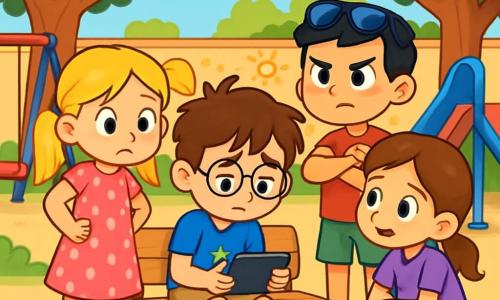 Hay 4 niños: - Lucas: un niño de 7 años, con cabello castaño desordenado y gafas redondas. Lleva una camiseta azul con un dragón y un pantalón corto beige. Está sentado en un banco, con aire triste, sosteniendo una tableta en sus manos. - Carmen: una niña de 7 años, con cabello largo y rubio, atado en dos coletas. Lleva un vestido rosa con lunares y sandalias. Está al lado de Lucas, con una mirada preocupada y las manos en las caderas. - Diego: un niño de 8 años, con cabello negro y gafas de sol en la cabeza. Lleva una camiseta roja y un pantalón corto verde. Está de pie, con los brazos cruzados, mostrando una expresión decidida, listo para defender a su amigo. - Sofía: una niña de 7 años, con cabello castaño y una pequeña trenza. Lleva una camiseta violeta y jeans. Está agachada cerca de Lucas, hablándole suavemente para reconfortarlo. La escena tiene lugar en un patio escolar soleado, rodeado de grandes árboles con hojas verdes brillantes. Hay juegos coloridos dispersos, como un columpio rojo y un tobogán azul. Al fondo, se ve una pared decorada con dibujos de niños y palabras positivas. La situación principal muestra a Lucas, triste y preocupado, leyendo mensajes en su tableta, mientras que Carmen, Diego y Sofía lo rodean, mostrando expresiones de apoyo y determinación. Diego, con un puño levantado, parece listo para defender a su amigo, mientras que Carmen y Sofía le ofrecen palabras reconfortantes.