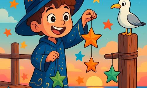 Un joven niño, Nico, aprendiz de mago de seis años, con cabello rizado y una gran sonrisa maravillada, se encuentra en un viejo muelle de madera. Lleva un sombrero de mago demasiado grande, adornado con estrellas, y una túnica azul con motivos dorados. Está colgando estrellas de papel de colores, con los ojos brillantes de emoción. Cerca, una gaviota blanca, curiosa, observa la escena, posada en un poste, con una mirada divertida. El cielo es de un azul brillante, salpicado de algunas nubes esponjosas, y el sol se pone, tiñendo el horizonte de tonos dorados y rosados. El muelle está decorado con numerosas estrellas de papel que flotan suavemente, creando una atmósfera mágica y alegre, mientras el agua brilla bajo los últimos rayos del sol.