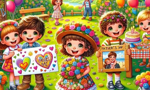 In un cortile scolastico colorato, cinque bambini di sette anni si riuniscono per celebrare la festa del papà. Marco, un ragazzo dai capelli ricci e dal grande sorriso, indossa un cappello da giardinaggio decorato con fiori di carta e tiene un grande cartello con la scritta "Buona festa, Papà!". Chiara, una ragazza dai capelli lunghi e castani, è alla sua destra, indossa un vestito colorato e tiene un grande cartone dove ha scritto una poesia per suo papà, con disegni di cuori. Luca, un ragazzo dai capelli corti e biondi, è a sinistra di Marco e ha in mano una cornice di legno con una foto di lui e suo padre in spiaggia, con un grande sorriso. Sullo sfondo, altri due bambini, una ragazza e un ragazzo, stanno preparando dolci e bevande su un tavolo decorato con palloncini colorati e festoni. Il cortile è pieno di risate e gioia, con alberi verdi e fiori vivaci intorno. I bambini sono circondati da decorazioni festive, creando un'atmosfera calda e gioiosa. In lontananza, i papà arrivano, sorpresi e felici, pronti a partecipare alla festa.