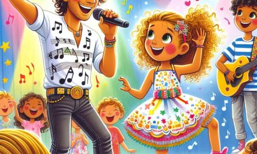 A man named Oliver, in his thirties, stands on a colorful stage, his face beaming with joy and excitement. He has slightly wavy brown hair and wears a white shirt with musical patterns and casual jeans. Holding a microphone in one hand, he smiles broadly, captivating his audience with his passion for music. Beside him is an 8-year-old girl named Mia, with curly golden hair, dancing energetically in a colorful dress adorned with musical notes and pink ballet flats. She looks full of energy, her eyes shining with happiness as she encourages Oliver to sing. A 9-year-old boy named Leo is slightly behind, playing the guitar. He has black hair and wears a striped t-shirt and shorts, his face showing concentration and pride as he accompanies Oliver with cheerful chords. The scene takes place in a large community center decorated with colorful garlands and floating balloons, with walls adorned with drawings of musical instruments and notes, creating a festive and warm atmosphere. The main scene shows Oliver and the children singing together, sharing a magical moment of music and happiness, while the audience applauds and smiles, swept away by the joyful energy of the performance.