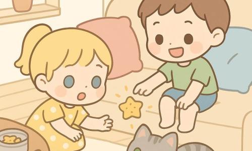 Ci sono tre personaggi: una bimba di 3 anni, Mia, capelli biondi raccolti, grandi occhi azzurri, vestito giallo a pois bianchi, accucciata a sinistra del divano con la mano verso un cuscino; un bimbo di 3 anni, Leo, capelli castani corti, guance rosate, maglietta verde e pantaloncini blu, seduto a destra del divano, sorride mostrando un biscotto a forma di stella tra i cuscini; un gattino grigio di nome Puf, pelo soffice e occhi verdi, sul tappeto davanti al divano che osserva i bambini. Ambientazione: cucina-soggiorno caldo e luminoso, parquet chiaro, tappeto crema, divano beige con grandi cuscini rosa e blu, scatola di latta per biscotti aperta sul tavolino e cucchiaino di legno, luce pomeridiana soffusa. Situazione: i due bimbi trovano un biscotto a stella incastrato tra i cuscini, mani tese, biscotto dorato visibile con piccole briciole sul tessuto, espressioni sorprese e gioiose; stile kawaii minimal, linee semplici, colori pastello, atmosfera dolce e benevola.