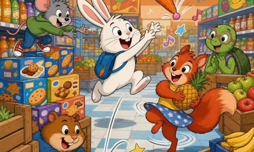 Bruno, pequeño conejo blanco de largas orejas y sonrisa amplia con mochila azul, salta para atrapar una gran zanahoria naranja que rebota por un chicle pegado; Lola, ardilla pelirroja de cola esponjosa, gira riendo con una piña; Leo, ratoncito gris, sube cajas de galletas para ayudar; Tina, tortuga verde con gafas rosas, observa y aplaude; Max, hámster marrón, empuja discretamente una caja para hacer rebotar la zanahoria; todo en un pasillo de supermercado colorido con estantes bajos, cajas de fruta y ambiente alegre, con movimiento y risas.