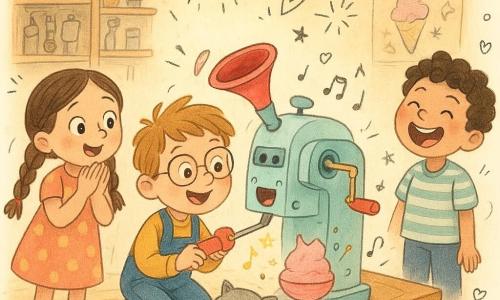 Un uomo, Leo, piccolo e sorridente con occhi tondi e occhiali, capelli castano chiaro spettinati, tiene un grosso cacciavite rosso e aggiusta una macchina colorata che fa gelato cantando; una bimba, Mia, ~7 anni, trecce e vestito a pois, applaude a sinistra; un bambino, Nino, ~8 anni, capelli corti e ricci, maglietta a righe, ride a destra; un gatto grigio, Baffo, rotondo, ronfa su un tappeto davanti alla macchina curiosamente; laboratorio con scaffali in legno, barattoli colorati, attrezzi, poster scarabocchiati, luce calda da una lampada sospesa e pavimento in assi con un grande tappeto; la macchina del gelato è un grande congegno in metallo pastello con tromba rossa, pale visibili, pulsanti blu e una piccola bocca che canta; una coppetta a forma di barca rosa danza sulla tavola proiettando stelle e note. Stile: colori vivaci, texture a matita e acquerello, tratti morbidi, espressioni esagerate e forme rotonde, atmosfera giocosa e rassicurante.