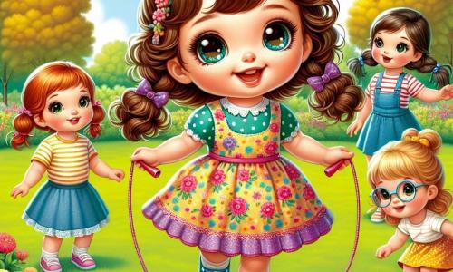 No centro da imagem, Lila, uma menina de três anos, tem grandes olhos brilhantes e cabelos cacheados castanhos. Ela usa um vestido colorido com estampas de flores e sorri alegremente. À sua direita, Mia, uma menina de cerca de seis anos, tem cabelos longos e lisos, trançados em duas tranças. Ela veste um vestido de bolinhas e segura uma corda de pular. À esquerda, Nia, outra menina de cinco anos, tem cabelos cacheados e usa uma saia de jeans com uma camiseta listrada. Ela levanta os braços, pronta para pular. Por fim, Tia, uma menina de quatro anos com cabelos curtos e óculos, veste um vestido amarelo e observa Lila com curiosidade. O cenário é um parque verdejante do passado, com grandes árvores de folhas douradas, flores coloridas por toda parte e um céu azul claro com nuvens brancas fofas. Ao longe, vê-se crianças brincando com brinquedos de madeira e animais correndo na grama. A situação principal mostra Lila, cercada por suas novas amigas, pulando corda com entusiasmo. Elas riem juntas, criando uma atmosfera alegre e cheia de vida, enquanto borboletas coloridas voam ao redor, adicionando um toque mágico a esta cena de amizade e aventura.