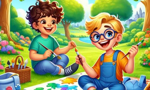 Un niño de 10 años, Lucas, con cabello castaño y rizado, y una gran sonrisa de emoción en su rostro, está sentado en la hierba verde del parque, pintando un mural colorido con colores vivos. A su lado, su amigo Diego, también de 10 años, con gafas y cabello rubio, sostiene un pincel y ríe alegremente mientras añade detalles a la pintura. Al fondo, majestuosos árboles con hojas brillantes y flores coloridas rodean el parque, mientras un cielo azul claro ilumina la escena. Lucas y Diego están inmersos en su actividad creativa, compartiendo un momento de felicidad y camaradería, lejos de las pantallas.