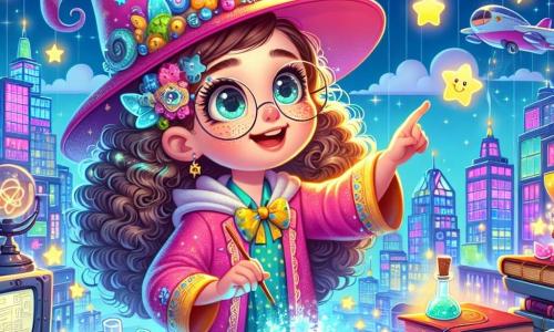 Una ragazza di 6 anni, Luna, con grandi occhi scintillanti e capelli ricci, indossa un cappello da mago pieno di lucciole scintillanti e un camice da scienziato dai colori vivaci. Ha un sorriso stupito sul volto, mentre tiene un piccolo telescopio a forma di stella, osservando il cielo. Accanto a lei, sua madre, una donna di circa 30 anni con occhiali rotondi e capelli raccolti in uno chignon, è occupata a programmare un calderone digitale, circondata da libri di magia e gadget scientifici. Si trova leggermente sullo sfondo, guardando sua figlia con orgoglio. La scena si svolge nella città fantastica di Magitec, dove gli edifici sono fatti di vetro colorato e auto volanti sfrecciano nel cielo blu. Stelle brillanti danzano sopra le nuvole, creando un'atmosfera magica e gioiosa. Luna, affascinata, osserva le stelle che saltano e girano nel cielo, chiedendosi perché sembrano giocare. L'aria è piena di una dolce luce e di un'atmosfera di curiosità e meraviglia.