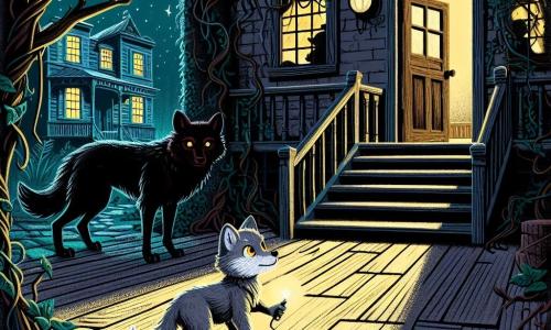 Un pequeño lobo de ojos amarillos brillantes y pelaje gris, con una expresión de curiosidad mezclada con aprensión, se encuentra frente a una vieja casa abandonada, cubierta de enredaderas y sombras, con la puerta entreabierta dejando escapar una luz misteriosa. Dentro, una figura oscura, un lobo de pelaje negro como la noche y ojos rojos brillantes, observa al pequeño lobo con una expresión seria y benevolente, cerca de la escalera que lleva al piso superior. El lugar es un claroscuro, donde la luz de la luna filtra a través de las ventanas rotas, proyectando sombras danzantes sobre el suelo de madera desgastada, creando una atmósfera mágica y inquietante. La situación principal muestra al pequeño lobo dudando en entrar en la casa, mientras que el lobo negro, guardián de este lugar, lo anima silenciosamente a superar sus miedos y descubrir los misterios que se esconden allí.
