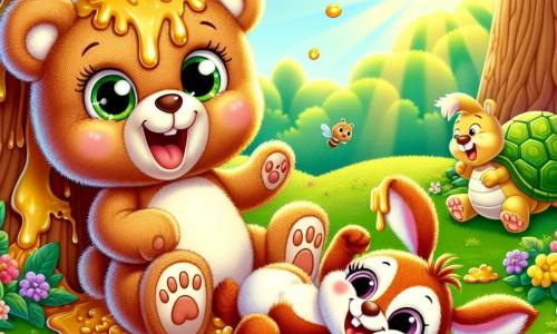 Un adorable oso de peluche llamado Pipo, con un suave pelaje marrón y ojos chispeantes, ríe a carcajadas sentado sobre un tronco cubierto de miel. A su lado, una ardilla llamada Cuca, con pelaje rojo y cola esponjosa, intenta liberarse de la melaza, mostrando una expresión de sorpresa y diversión. Un alegre conejo llamado Rufi, de grandes orejas y pelaje blanco, rueda por el suelo riendo mientras intenta zafarse, mientras que una tortuga llamada Lola, con caparazón verde y ojos redondos, observa la escena con una sonrisa divertida, aunque un poco perpleja. El escenario es un encantador bosque soleado, con árboles majestuosos de hojas verdes brillantes, flores coloridas esparcidas por el suelo y un suave rayo de sol filtrándose entre las ramas. La situación principal muestra a Pipo y sus amigos, todos cubiertos de miel, riendo juntos después de haber caído en una broma hilarante, creando una atmósfera alegre y lúdica.