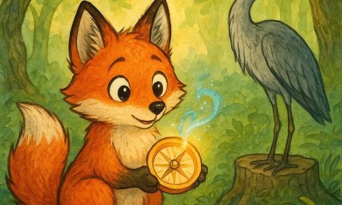 Milo, ein kleiner rotbrauner Fuchs mit flauschigem Fell, hält staunend einen runden, warmgoldenen Kompass zwischen den Vorderpfoten; sein Gesicht ist neugierig, die Augen groß und glänzend, die Ohren zum Licht geneigt; aus der feinen Lichtnadel des Kompasses wirbelt eine kleine Spirale blauen Sternenstaubs; rechts hinter ihm auf einem Baumstumpf steht ein großer grauer Reiher als stiller Führer, die Federn leicht zerzaust; der Boden ist mit dichtem grünen Moos, roten gepunkteten Pilzen, Farnen und tauglänzenden Steinen bedeckt; gedrehte Baumstämme und grüne Blätter werden von goldenen Sonnenstrahlen durch den Morgennebel erleuchtet — der magische Moment, in dem Milo den leuchtenden Kompass entdeckt.