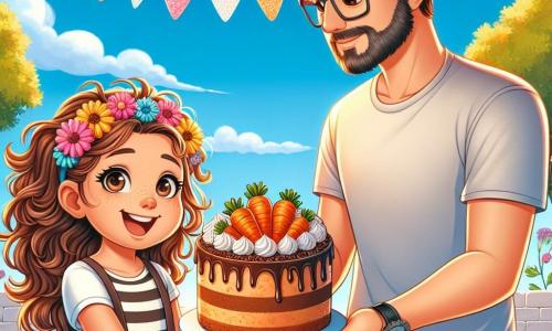 Uma menina de 8 anos, Sofia, com cabelos cacheados castanhos e um grande sorriso, está no centro do palco, segurando um lindo bolo de cenoura decorado com chocolate, seus olhos brilhando de excitação e orgulho. Ao lado dela, seu pai, um homem de cerca de 35 anos com uma barba leve e óculos, a observa com admiração, um sorriso caloroso iluminando seu rosto. Ele está vestindo uma camiseta casual e jeans. A cena acontece em um jardim ensolarado, cheio de flores coloridas que dançam suavemente ao vento, com guirlandas festivas penduradas nas árvores. O céu é de um azul vibrante, salpicado de algumas nuvens brancas e fofas. Sofia, cheia de entusiasmo, apresenta seu bolo ao pai para o Dia dos Pais, criando um momento de ternura e celebração entre eles, cercados pela beleza do jardim.