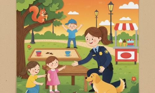 A kind, smiling female police officer in her thirties with chestnut ponytail and navy uniform kneels by a wooden table reaching toward a dropped ice cream cone; a joyful golden retriever (Max) sniffs nearby; Lucy (about 5) in a pink dress points at the missing cone, Mia (about 7) in a yellow tee crouches left of the officer and points to a chocolate smear on the ground, Ben (about 8) in a blue cap stands in the background with arms raised like an alert detective; a red squirrel on a low oak branch holds the remaining cone with guilty eyes and chocolate-whiskers; the park shows a beige sandbox with colorful buckets, a red-and-white ice cream stand to the right, green lawn dotted with flowers, a gravel path, cast-iron lampposts and an orange sunset sky; main scene: joyful discovery and resolution as the group follows a chocolate trail to the tree, warm atmosphere, vivid colors, torn-paper collage textures, simple shadows and bold shapes.