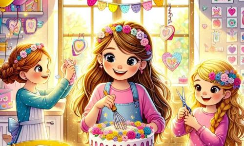 Într-o cameră luminoasă și colorată, trei fete se pregătesc să organizeze o surpriză. Maria, o fată de 8 ani cu părul lung și castaniu și ochi strălucitori, este în centrul atenției, zâmbind, în timp ce amestecă aluatul pentru tort într-un bol mare. La dreapta ei se află Ana, o fată de 7 ani cu părul blond împletit și un tricou roz, care taie flori din hârtie colorată cu foarfeca. La stânga, Ioana, o fată de 9 ani cu părul creț și un pulover albastru, lipește desene cu flori pe pereți, cântând vesel. 

Camera este decorată cu ghirlande de hârtie și baloane colorate, având o masă mare în mijloc, pe care se află un tort minunat decorat cu flori din zahăr. Lumina soarelui intră pe fereastră, iluminând atmosfera festivă și călduroasă. 

Fetele se pregătesc pentru o petrecere surpriză de Ziua Mamei, cu zâmbete radiante pe fețele lor, nerăbdătoare să-și celebreze mama cu dragoste și creativitate.