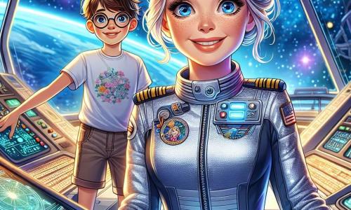 Im Vordergrund steht Captain Emilia Weiss, eine Frau in ihren Dreißigern mit blonden Haaren im Dutt und strahlend blauen Augen, vor einem großen Kontrollpanel ihres Raumschiffs, mit einem entschlossenen Lächeln im Gesicht. Sie trägt einen silbernen Raumanzug mit bunten Details, und ihre Hände liegen auf den Steuerungen, bereit, ihr Team ins Unbekannte zu führen. An ihrer Seite beobachtet Max, ein 12-jähriger Junge mit runden Brillen und zerzausten Haaren, aufmerksam einen Kontrollbildschirm, seine Augen leuchten vor Staunen. Er trägt ein T-Shirt mit Planetenmotiven und Shorts, und er scheint ungeduldig darauf zu warten, was sie im Weltraum erwartet. Der Hintergrund zeigt das futuristische Innere der Stella Nova mit blinkenden Lichtern, Bildschirmen, die Sternenkarten anzeigen, und Fenstern, die einen spektakulären Blick auf eine intergalaktische Landschaft mit bunten Planeten und funkelnden Sternen bieten. Die Hauptsituation der Geschichte stellt den entscheidenden Moment dar, in dem Emilia und ihr Team sich darauf vorbereiten, in ein neues Sternensystem einzutreten, die spürbare Aufregung in der Luft, während sie sich darauf vorbereiten, unbekannte Welten zu entdecken und außergewöhnliche Abenteuer zu erleben.