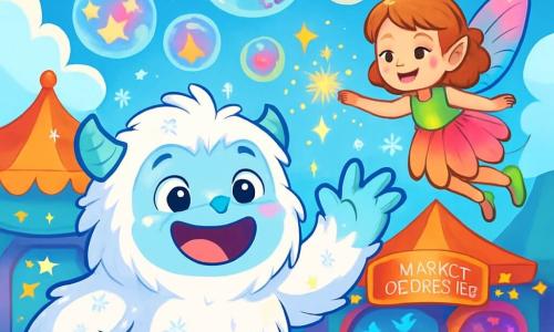 An adorable and fluffy yeti named Yara stands at the center of the scene, with a big, amazed smile on her face. Her soft white fur sparkles in the sunlight, and her bright eyes are filled with curiosity. She is surrounded by dancing snowflakes. Next to her, a small fairy named Luna, about 8 years old, joyfully flies in the air. She has translucent wings in vibrant colors, like a rainbow, and wears a dress made of flower petals. She smiles at Yara while scattering sparks of magical dust. The setting is the Dream Market, an enchanting place filled with colorful stalls, each adorned with twinkling lights and floating dreams, showcasing images of fantastical creatures and adventures. Soft, fluffy clouds float above, and stars shine in a light blue sky. The main scene shows Yara and Luna discovering the heart of the Dream Market, with colorful dreams floating around them. Yara, full of enthusiasm, reaches out towards a glowing dream, while Luna joyfully twirls by her side, creating a magical atmosphere full of promise.