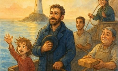 Captain Bram Oxbow, about 35, short beard, worn navy coat, holds his hat to his chest and looks toward the lighthouse light; Lina, ~12, wind-tousled hair, excited smile, stands in the small dinghy waving beside him; Jory, ~28, tanned, calm, rows from behind Bram, watching the golden light; Old Nessa, ~60, gray braids, mischievous reassuring expression, stands on the Gull’s Grin's deck holding a rope; Patch, ~40, flour-dusted, wearing an apron, offers a packet of biscuits from the ship; setting: calm sea at sunrise with deep blue water and golden reflections, light mist on the horizon, a white lighthouse on a rocky islet casting three golden flashes then a long beam that creates a bright path on the water; mood: warm, heroic, watercolor textures, small controlled splashes around the waves.