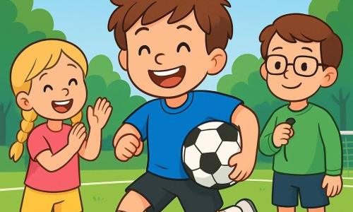 Ein 10-jähriger Junge, Tim, steht im Mittelpunkt des Bildes, mit einem breiten, fröhlichen Lächeln auf seinem Gesicht. Er trägt ein leuchtend blaues Fußballtrikot, schwarze Shorts und weiße Sportschuhe. Seine braunen Haare sind zerzaust, und er hält einen Fußball unter dem Arm, bereit zu spielen. Neben ihm steht ein 9-jähriges Mädchen, seine beste Freundin, mit langen, blonden Zöpfen. Sie trägt ein pinkes Trikot und gelbe Shorts und applaudiert begeistert, um Tim zu unterstützen. Ein 11-jähriger Junge mit Brille und braunen Haaren steht etwas im Hintergrund, lächelt und hält eine Pfeife, bereit das Spiel als Schiedsrichter zu leiten. Die Szene spielt auf einem grünen Fußballfeld, umgeben von hohen Bäumen mit leuchtend grünen Blättern, unter einem klaren blauen Himmel mit einigen fluffigen weißen Wolken. Weiße Linien markieren das Feld, und im Hintergrund steht ein Metalltor. Tim ist bereit, aufs Tor zu schießen, konzentriert und entschlossen, während seine Freunde ihn anfeuern. Die Atmosphäre ist voller Energie und Kameradschaft, mit Lachen und Freudenrufen, die um sie herum erklingen.
