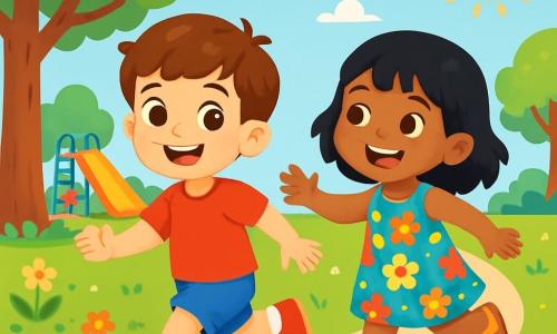 A 6-year-old boy, Timmy, with brown hair and sparkling eyes, joyfully smiles while running in a green park. He wears a bright red t-shirt and blue shorts, and his face shows excitement and curiosity. Next to him, a 6-year-old girl, Lily, with black hair and brown eyes, laughs as she tries to catch up with him. She wears a colorful dress with floral patterns and sandals. The park is filled with majestic trees with bright green leaves, colorful flowers, and a large playground where other children are playing. The sky is blue with a few fluffy white clouds, and the sun shines, creating a joyful and welcoming atmosphere. The main scene shows Timmy and Lily playing tag together, running and laughing, symbolizing friendship and tolerance between two children from different cultures.