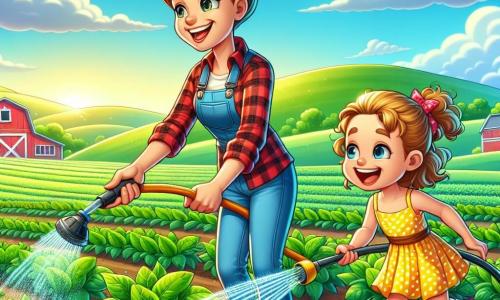 Una donna agricoltrice sorridente, di circa quarant'anni, con capelli castani raccolti in uno chignon e indossante una camicia a quadri rossa e pantaloni di denim, annaffia file di verdure verdi brillanti in un campo soleggiato. Accanto a lei, una bambina di 8 anni, con capelli biondi ricci e un vestito giallo a pois, ride tenendo un tubo da giardino, spruzzando un po' d'acqua sulle piante. Il campo è vasto, circondato da colline verdi sotto un cielo blu chiaro, con nuvole bianche soffici che fluttuano dolcemente. In lontananza si intravede un fienile rosso e animali da fattoria, come mucche e galline, che aggiungono vita alla scena. La situazione principale mostra la donna e la bambina che si divertono insieme, ridendo e condividendo un momento gioioso mentre si prendono cura delle piante, simboleggiando l'amore e il lavoro in armonia con la natura.