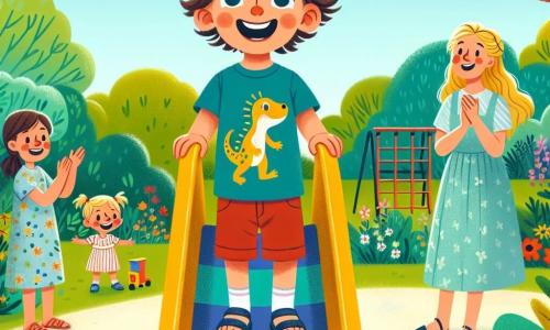 Un niño de 4 años, llamado Javier, está en la cima de un tobogán colorido, con una gran sonrisa en su rostro y los ojos brillantes de emoción. Tiene el cabello castaño desordenado y lleva una camiseta azul con un dibujo de dinosaurio y un pantalón corto rojo. A su lado, su mamá, una mujer sonriente de unos 30 años con cabello largo y castaño, lo anima con los brazos abiertos, de pie al pie del tobogán. Ella lleva un vestido ligero y sandalias. Un poco más lejos, Ana, una niña de 4 años con cabello rubio trenzado y un vestido rosa, aplaude con entusiasmo, sus ojos brillando de alegría. Ella está justo debajo del tobogán, lista para recibir a Javier a su llegada. La escena tiene lugar en un parque soleado, lleno de árboles verdes y flores coloridas. El cielo es azul con algunas nubes blancas esponjosas, y otros niños juegan alrededor, añadiendo una atmósfera alegre. La situación principal muestra a Javier, un poco dudoso pero decidido, listo para deslizarse por el tobogán por primera vez, rodeado de su mamá y su amiga Ana que lo animan, ilustrando así el tema de la confianza en uno mismo.