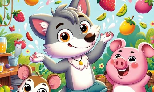 Um lobo chamado Léo, com pelagem suave e cinza, olhos brilhantes de alegria, está no centro da cena, sorrindo amplamente enquanto jongla com frutas coloridas. Ao seu lado, uma pequena rato chamada Célia, com pelagem marrom e orelhas redondas, o incentiva pulando, segurando um morango com as patas. Um porquinho chamado Pipo, rosa e gordinho, está um pouco atrás, rindo alto, com pedaços de frutas grudados no nariz. A cena ocorre em uma cozinha ao ar livre, sob uma grande árvore com ramos folhosos, com frutas penduradas e flores coloridas ao redor. Jatos de suco de frutas voam pelo ar, criando uma atmosfera alegre e animada. Léo e seus amigos estão preparando um festival de frutas, divertindo-se lançando frutas e dançando juntos, cheios de risos e felicidade.