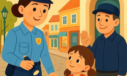 Uma policial sorridente e acolhedora, cabelo castanho preso em coque, farda azul-clara com insígnias amarelas, segurando uma pequena lanterna e um caderno, está no meio de uma rua ensolarada ouvindo e tranquilizando uma menina de 6 anos de vestido vermelho com bolinhas brancas e cabelos em rabo de cavalo, que segura sua mão à direita; um porteiro de cerca de 50 anos com boné e sorriso suave acena com a mão esquerda em frente à entrada de um prédio bege; a rua é de paralelepípedos, com pequenas lojas coloridas com vitrines de vidro, uma árvore verde e um poste antigo pintado de verde; cena calma, luminosa, cores quentes e contrastadas, traços simples e formas arredondadas em estilo infantil.
