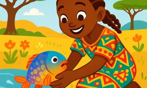 Ayo, een jonge vrouw met een stralende glimlach en sprankelende ogen, leunt teder over de rand van een glinsterende rivier. Ze draagt een kleurrijke jurk met levendige Afrikaanse patronen en haar haar is zorgvuldig gevlochten. Ze lijkt vrolijk en vol vriendelijkheid. Naast haar zwemt een klein visje met glanzende, kleurrijke schubben dat zich zorgen maakt. De vis is rond en heeft delicate vinnen die bewegen. De achtergrond is een prachtige Afrikaanse savanne, met majestueuze bomen met groene bladeren, een stralende blauwe lucht en wilde bloemen in felle kleuren die dansen in de warme wind. Het zonlicht verlicht de scène en creëert een vrolijke en gastvrije sfeer. Ayo helpt de vis terug naar zijn natuurlijke habitat, terwijl ze het voorzichtig in haar handen houdt voordat ze het weer in het water laat. Het moment is gevuld met tederheid en medeleven, wat de liefde en het respect voor de natuur illustreert.