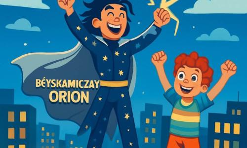 Mężczyzna, Błyskawiczny Orion, stoi na dachu budynku, z uniesionymi rękami w stronę nieba, z promiennym uśmiechem na twarzy. Ma na sobie granatowy kostium ozdobiony migoczącymi gwiazdami i długi srebrny płaszcz, który powiewa na wietrze. Jego włosy są długie i rozczochrane, a oczy błyszczą ekscytacją i determinacją. Obok niego stoi 10-letni chłopiec, Max, z kręconymi włosami i szerokim uśmiechem, który również unosi ręce, podziwiając swojego superbohatera. Ma na sobie kolorowy t-shirt i szorty, a jego energia i radość są widoczne. Niebo jest głęboko niebieskie, usiane białymi chmurami, a miasto poniżej rozświetlone jest jaskrawymi światłami, z nowoczesnymi budynkami i jeżdżącymi samochodami. Główna scena pokazuje Błyskawicznego Oriona używającego swoich mocy, aby przywrócić światło w mieście, podczas gdy błyskawice energii wystrzeliwują z jego rąk, oświetlając krajobraz miejski. Mieszkańcy, na dole, patrzą w górę, zachwyceni i wdzięczni, tworząc atmosferę magii i przygody.
