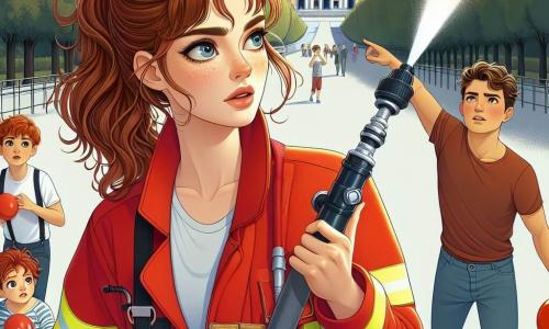 Clara, una giovane pompiera, è al centro dell'immagine, con uno sguardo determinato e coraggioso. Indossa un'uniforme rossa brillante, un casco da pompiere e tiene un tubo antincendio pronto a spegnere le fiamme. I suoi capelli castani sono raccolti in una coda di cavallo e gocce di sudore le brillano sulla fronte. Accanto a lei c'è Marco, un pompiere di circa 30 anni, con la barba curata e un sorriso incoraggiante, che dirige il getto d'acqua verso le fiamme. Un gruppo di tre bambini, tra cui un ragazzo di nome Luca di circa 8 anni, osserva Clara con ammirazione. Luca ha i capelli castani in disordine e indossa una maglietta blu, mentre gli altri due bambini, una ragazza e un ragazzo, sono sullo sfondo, con dei palloncini e espressioni preoccupate. La scena si svolge nel parco di Villa Borghese a Roma, circondato da grandi alberi verdi. Fiamme arancioni e rosse si alzano tra i tronchi, mentre nuvole di fumo nero si innalzano verso il cielo blu. Il terreno è cosparso di foglie e rametti bruciati, creando un forte contrasto con il verde circostante. Clara è pronta a spegnere l'incendio che minaccia il parco, rassicurando i bambini che la osservano con ammirazione.