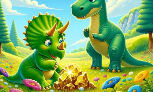Un triceratops llamado Tito, con piel verde y majestuosas cuernos, muestra una expresión de curiosidad y alegría mientras se inclina para examinar un artefacto dorado brillante entre flores coloridas. A su lado, un diplodocus llamado Dana, con una larga cola y piel azulada, observa fascinada el objeto luminoso, manteniéndose ligeramente atrás, con los ojos abiertos de asombro. La escena tiene lugar en un amplio campo verde, salpicado de flores vibrantes, bajo un cielo azul con nubes blancas esponjosas, creando una atmósfera pacífica y encantadora. Tito y Dana están rodeados de altos árboles y suaves colinas, añadiendo a la belleza natural del paisaje. La situación principal muestra a Tito y Dana, maravillados, descubriendo juntos el misterioso artefacto que brilla intensamente, iluminando su amistad y su sentido de la aventura en este mundo prehistórico.