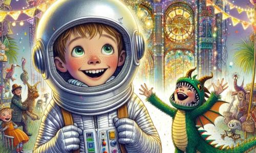 Een 10-jarig jongetje, genaamd Sam, staat in het midden van de afbeelding, gekleed in een zilveren kartonnen astronautenpak met een grote, glanzende kartonnen helm op zijn hoofd. Zijn gezicht straalt van blijdschap, zijn ogen twinkelen terwijl hij om zich heen kijkt. Aan zijn rechterkant staat zijn beste vriend Max, ook 10 jaar, verkleed als draak met een schubben groene huid en een lange staart die achter hem uitsteekt. Hij lacht vrolijk, met zijn armen omhoog in opwinding. Op de achtergrond staat een prachtig en kleurrijk kartonnen kasteel, omringd door fonkelende lichten en carnavalsversieringen. Confetti dwarrelt door de lucht, wat een feestelijke sfeer aan de scène toevoegt. Sam en Max ontdekken verwonderd het magische koninkrijk van het carnaval, omringd door fantastische wezens en heldere kleuren, terwijl er een grote parade voor hen plaatsvindt, vol dansers en blije muzikanten.