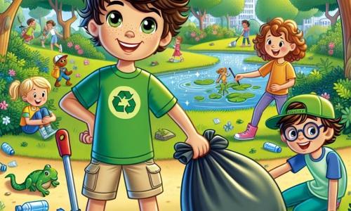 Un ragazzo di 12 anni, di nome Luca, con capelli castani disordinati e occhi pieni di determinazione, indossa una maglietta verde e pantaloni corti beige. Sta raccogliendo rifiuti in un parco, con un grande sorriso sul volto, mostrando la sua orgoglio per aiutare l'ambiente. Accanto a lui, la sua migliore amica Giulia, una ragazza di 12 anni con capelli ricci e un cappello verde, tiene un sacco della spazzatura e incoraggia gli altri bambini a partecipare. Marco, un ragazzo di 12 anni con occhiali e una maglietta blu, si impegna a raccogliere bottiglie di plastica, ridendo con entusiasmo. Il parco è verdeggiante, pieno di alberi maestosi, fiori colorati e un piccolo stagno scintillante al sole, dove si possono vedere rane saltare e libellule svolazzare. La scena è animata da famiglie e bambini che si uniscono per pulire il parco, creando un'atmosfera gioiosa e collaborativa. Luca e i suoi amici sono al centro di questa azione, determinati a rendere il parco più pulito e a proteggere la natura.