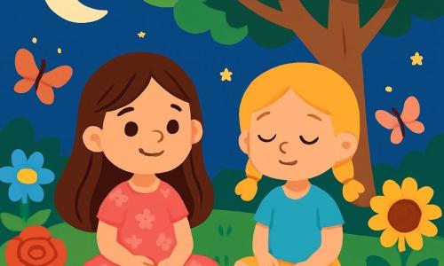 Ci sono 2 personaggi principali: Emma, una ragazza di 7 anni con lunghi capelli castani e occhi scintillanti, indossa un vestito rosa con motivi floreali ed è seduta sull'erba, le gambe incrociate e un sorriso sereno; e Mia, una ragazza di 6 anni con capelli biondi intrecciati e occhi blu, indossa una maglietta blu e pantaloni corti gialli, ed è accanto a Emma, con le mani sulle ginocchia e gli occhi chiusi, respirando profondamente. Il luogo è un giardino segreto, pieno di fiori colorati come rose, fiordalisi e girasoli che danzano al vento. Al centro, un grande albero con foglie verdi offre ombra. Un piccolo stagno brilla alla luce della luna e farfalle colorate volano tra i fiori. La scena principale mostra Emma e Mia che meditano pacificamente, circondate dalla magia del giardino, mentre la luna illumina dolcemente il tutto, creando un'atmosfera calma e rilassante.