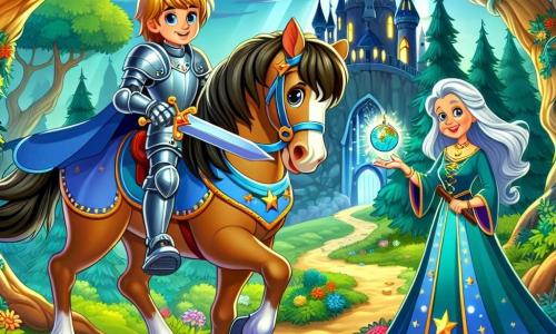 Un giovane cavaliere di nome Leo, di circa 12 anni, sta coraggiosamente sul suo cavallo, Stella, con un'armatura brillante che scintilla sotto il sole. Il suo volto è determinato, con occhi vivaci e un sorriso sicuro, mentre brandisce una spada scintillante. Accanto a lui, la saggia maga del castello, una donna di circa 60 anni, con lunghi capelli argentati e un abito blu decorato con stelle, gli porge una mappamondo misteriosa, incoraggiandolo con uno sguardo benevolo. La scena si svolge in una foresta densa e incantata, dove grandi alberi dai tronchi nodosi si ergono verso il cielo, le cui foglie verdi filtrano la luce del sole. Fiori colorati punteggiano il terreno e un sentiero tortuoso conduce a una torre oscura in lontananza, dove il drago Ombra tiene prigioniera la principessa Sofia. Leo, con determinazione, si prepara a intraprendere il cammino pericoloso, pronto ad affrontare tutti i pericoli per salvare la sua migliore amica, la principessa Sofia.